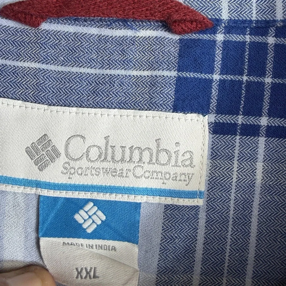 Columbia Flannel Shirt Mens XXL White Blue Checked Stretch Long Sleeve Button-Up
